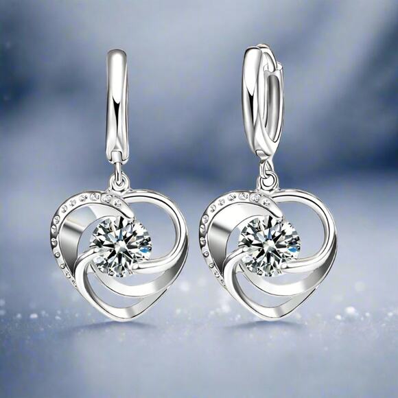 925 Sterling Silver Heart Necklace & Earrings Set CZ Swirl Design - Picture 2 of 5